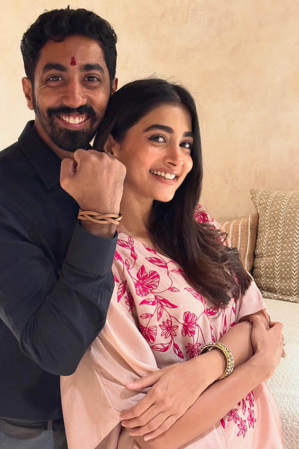 Pooja Hegde in Blush Pink Kaftan Set with Resham Embroidery