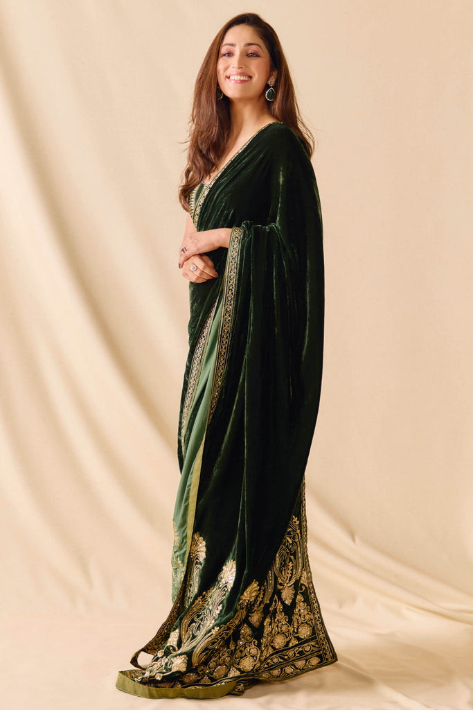 Yami Gautam in Emerald Green Embroidered Velvet Saree Set