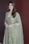 Mrunal Thakur in Olive Green Cotton Silk Blend Embroidered Anarkali Set