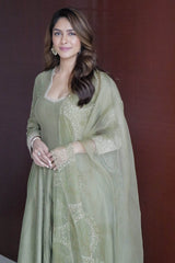 Mrunal Thakur in Olive Green Cotton Silk Blend Embroidered Anarkali Set
