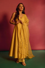 Akansha Ranjan Kapoor in Yellow Cotton Silk Satin Anarkali set