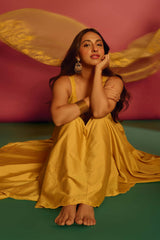 Akansha Ranjan Kapoor in Yellow Cotton Silk Satin Anarkali set