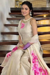 Divya Khosla in Ivory and Pink Silk Organza Hand-Painted  Embroidered Sharara Set