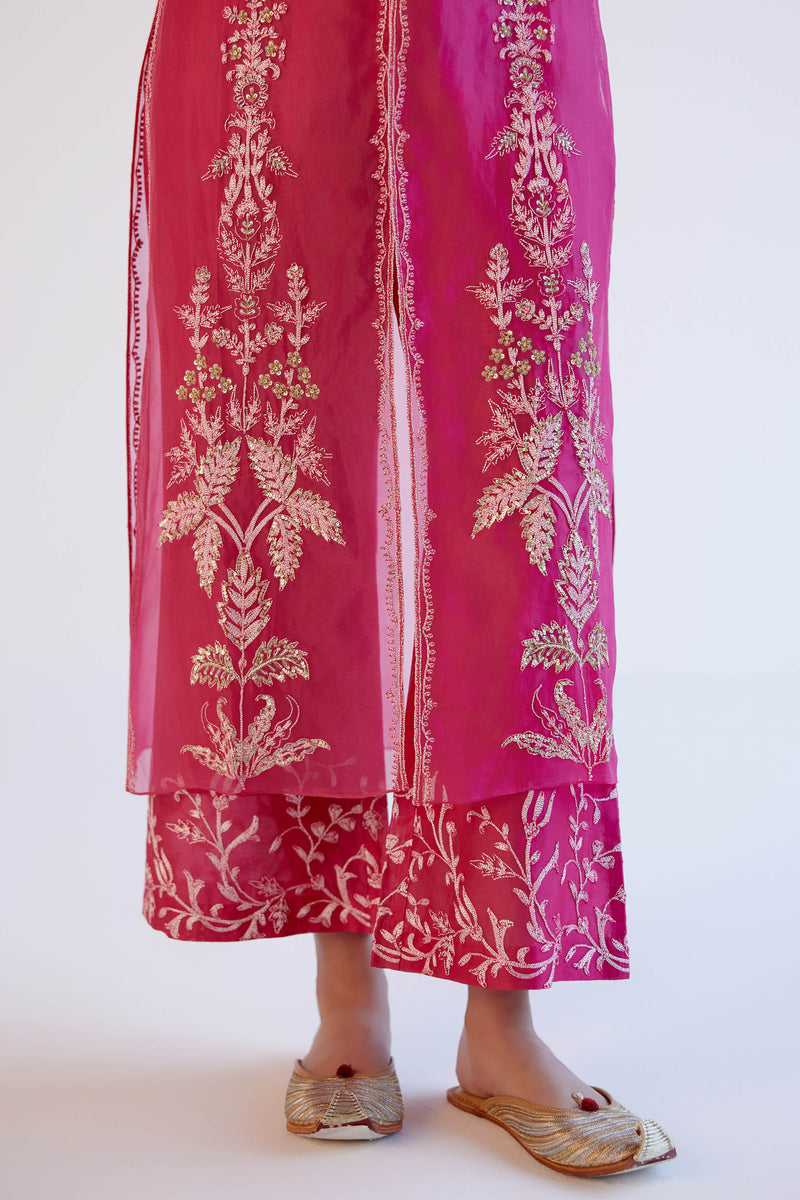 Fuchsia Pink Silk Organza Embroidered Kurta Set