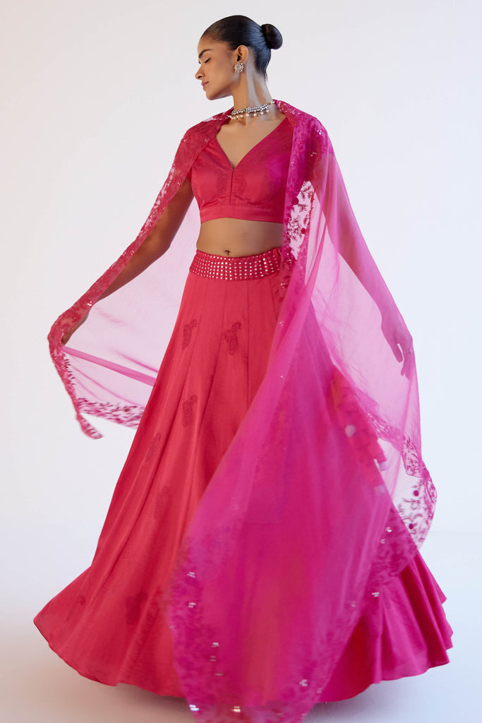 Fuchsia Pink Embroidered Cotton Silk Satin Lehenga Set