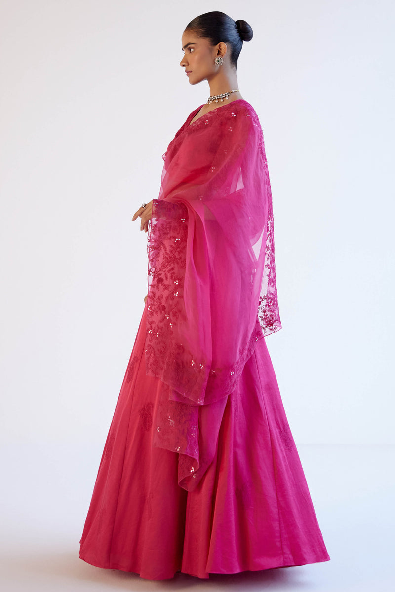 Fuchsia Pink Embroidered Cotton Silk Satin Lehenga Set