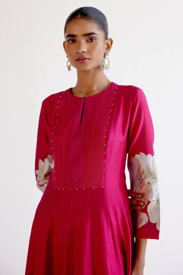 Fuchsia Pink Cotton Silk Blend Hand-Painted Anarkali Set