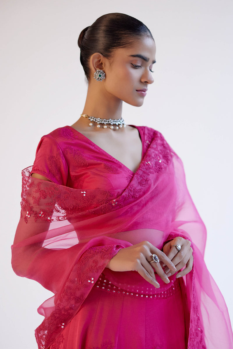 Fuchsia Pink Embroidered Cotton Silk Satin Lehenga Set