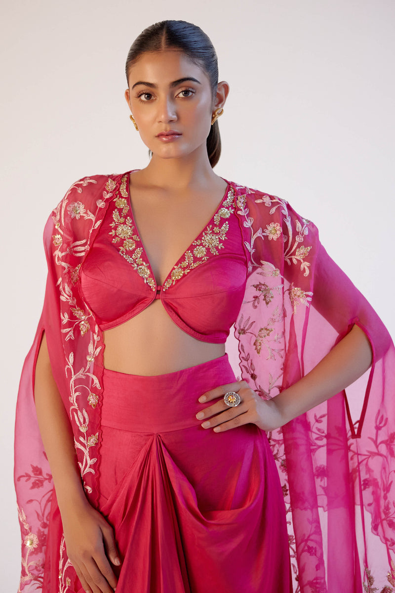 Fuchsia Pink Sequined Cape and Draped Skirt Set