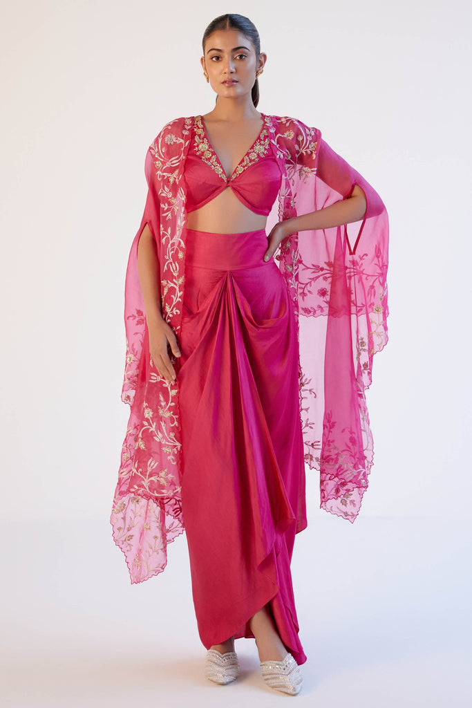 Fuchsia Pink Sequined Cape and Draped Skirt Set