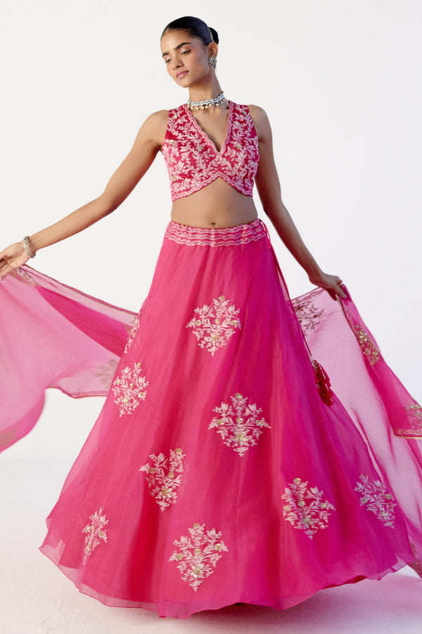 Fuchsia Pink Dori and Sequins Embroidered Lehenga Set