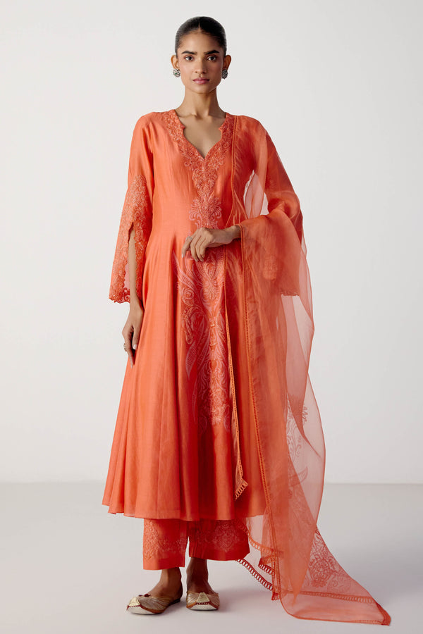 Coral Silk Chanderi Dori Embroidered Anarkali Set