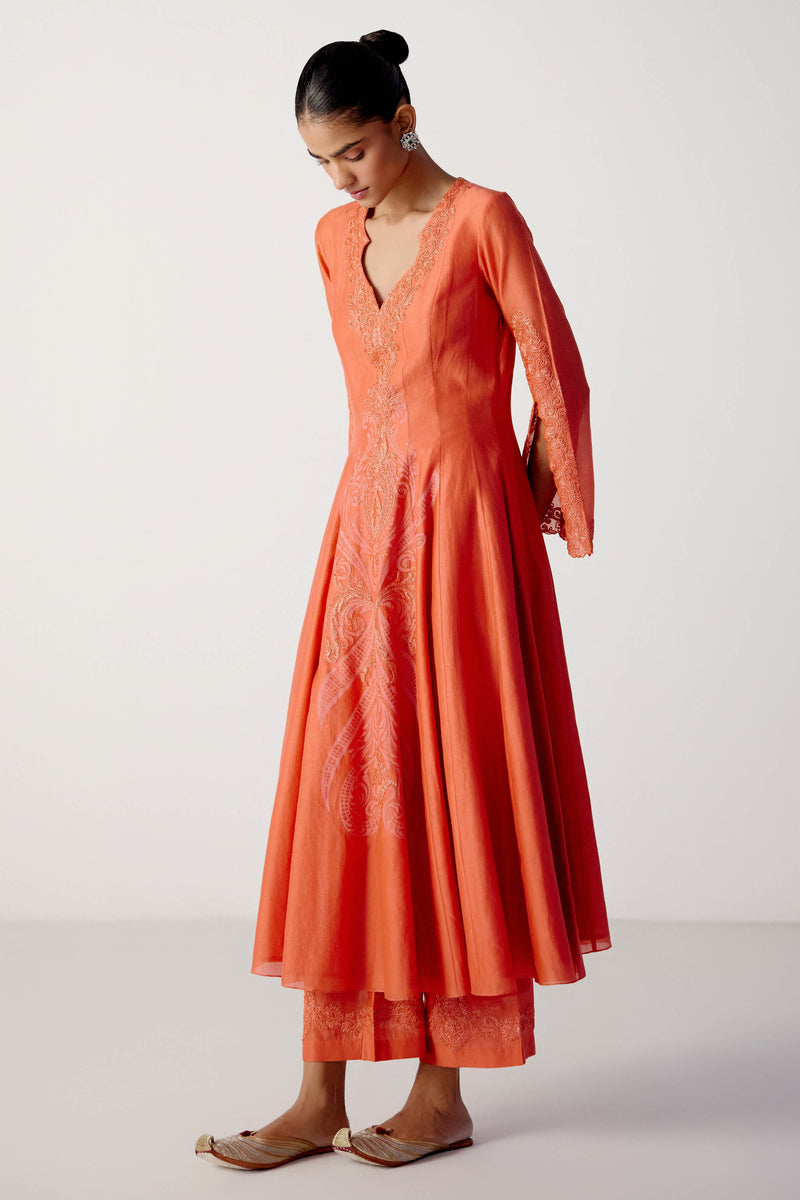 Coral Silk Chanderi Dori Embroidered Anarkali Set