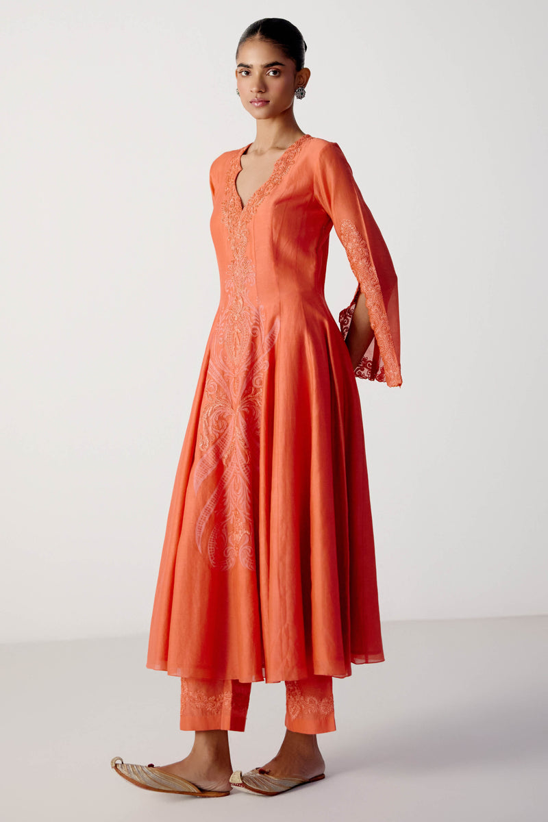 Coral Silk Chanderi Dori Embroidered Anarkali Set