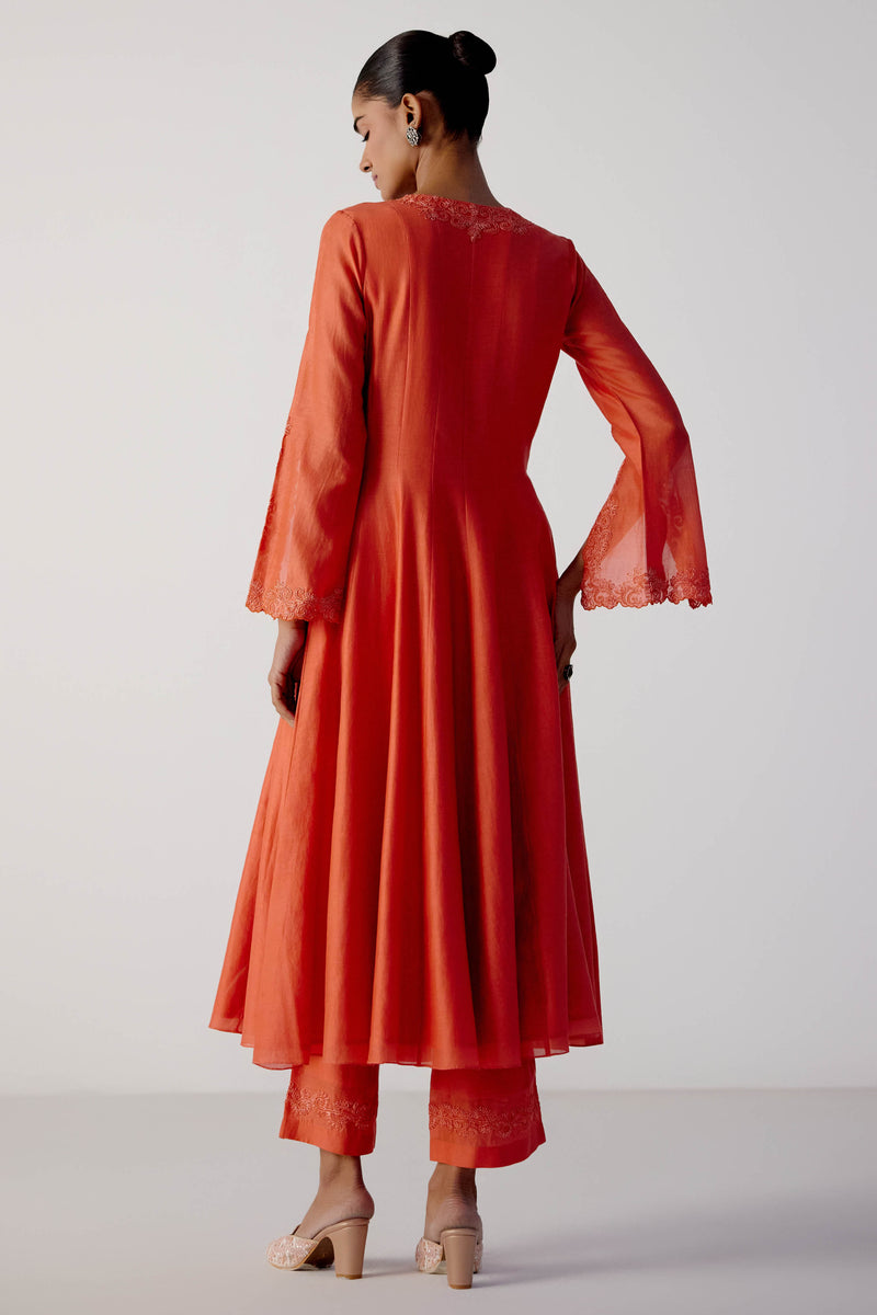 Coral Silk Chanderi Dori Embroidered Anarkali Set
