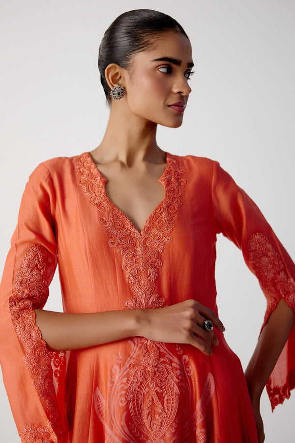 Coral Silk Chanderi Dori Embroidered Anarkali Set