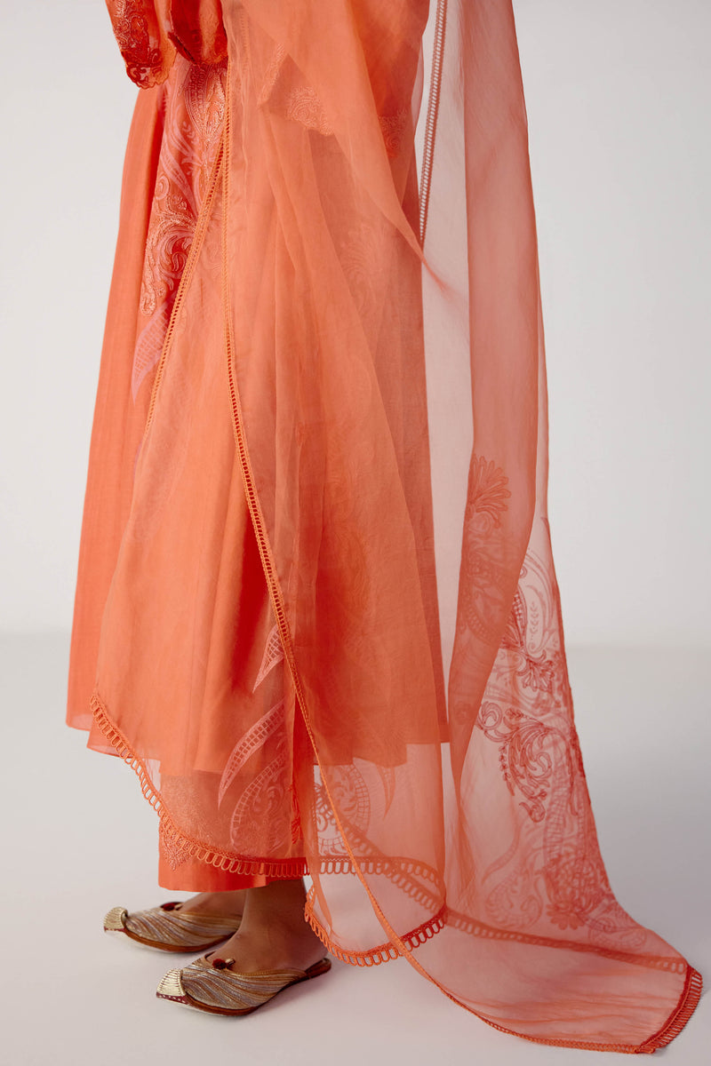 Coral Silk Chanderi Dori Embroidered Anarkali Set