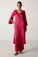 Fuchsia Pink Satin Dori Embroidered Kurta Set