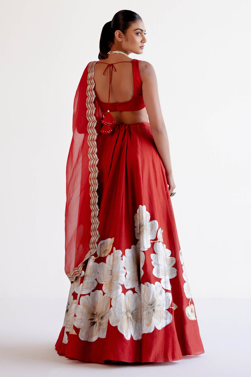 Ruby Red Silk Chanderi Hand-Painted Lehenga Set
