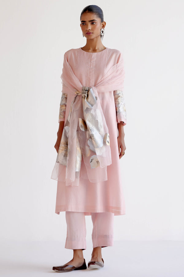 Soft Pink Silk Chanderi Hand-Painted Kurta Set