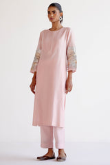Soft Pink Silk Chanderi Hand-Painted Kurta Set