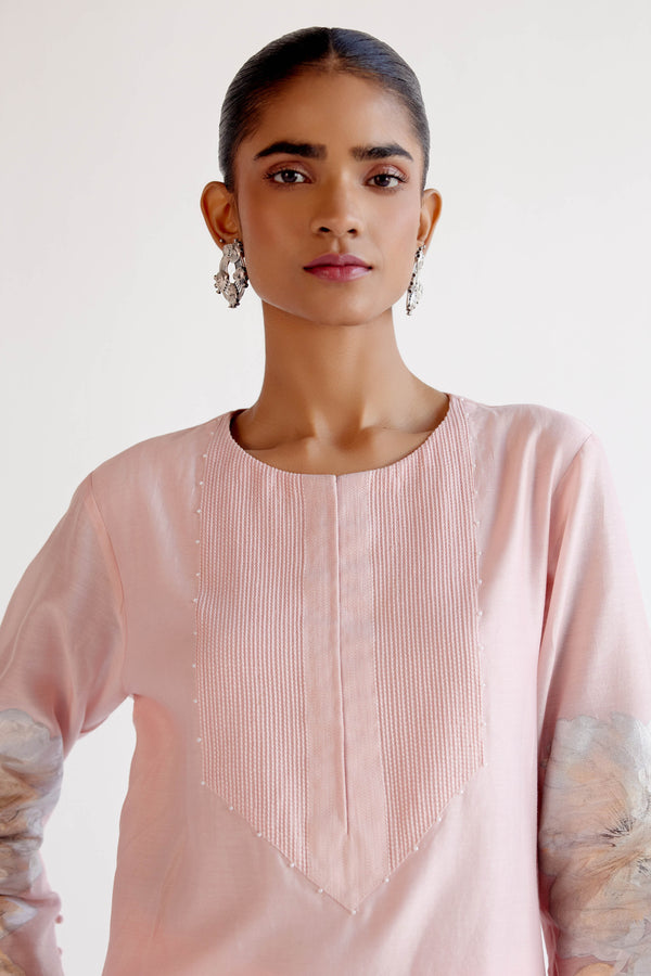 Soft Pink Silk Chanderi Hand-Painted Kurta Set