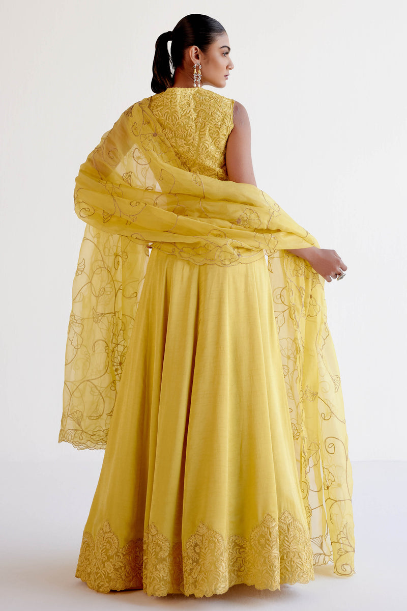 Divya Boppana in Yellow Embroidered Silk Satin Lehenga