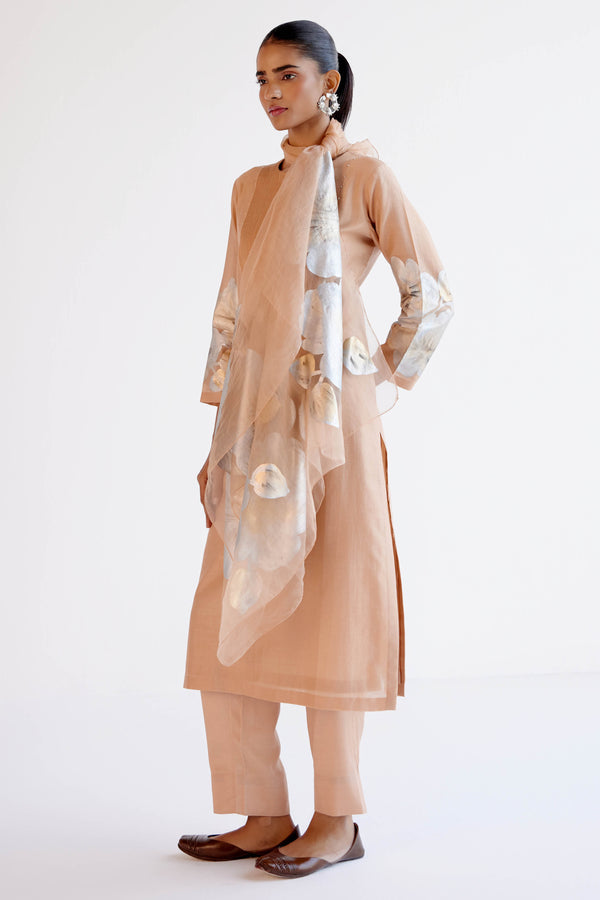 Light Beige Silk Chanderi Hand-Painted Kurta Set