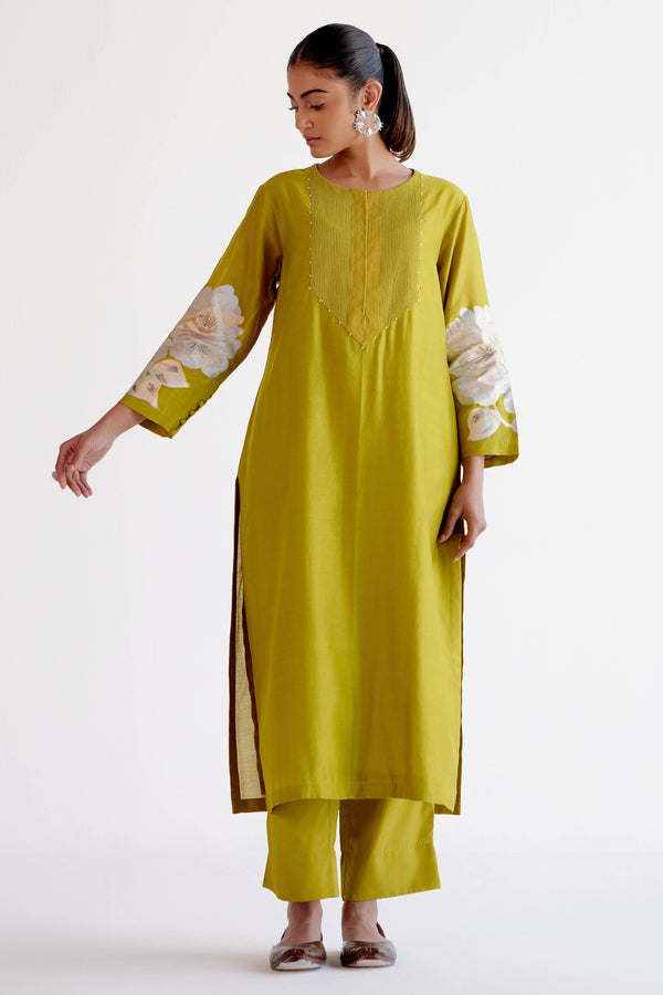 Lime Green Silk Chanderi Hand-Painted Kurta Set