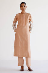 Light Beige Silk Chanderi Hand-Painted Kurta Set