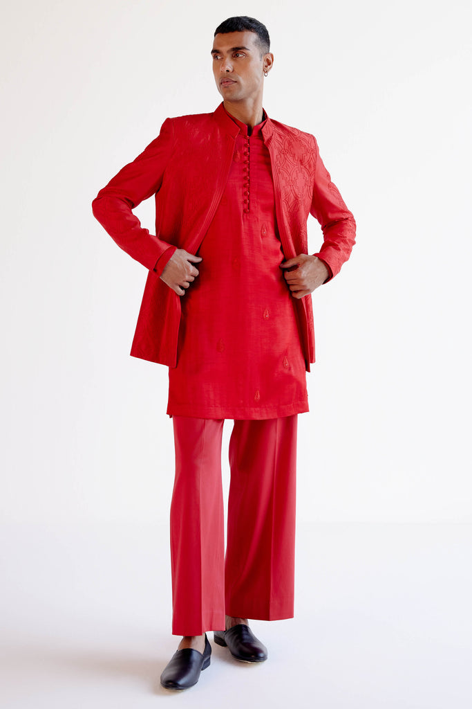 Ruby Red Dori Embroidered Kurta and Jacket Set