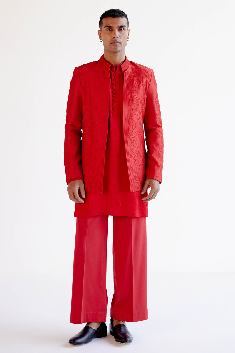 Ruby Red Dori Embroidered Kurta and Jacket Set
