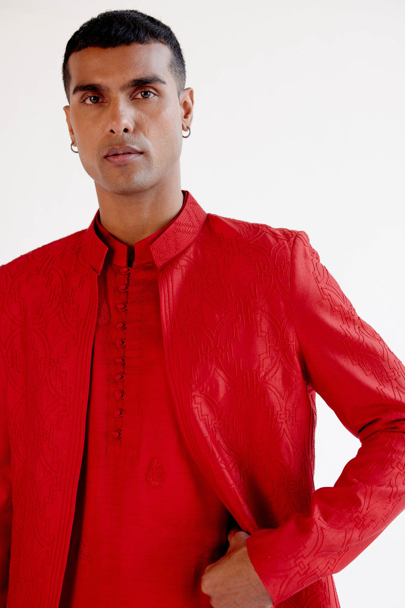 Ruby Red Dori Embroidered Kurta and Jacket Set
