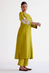 Lime Green Silk Chanderi Hand-Painted Kurta Set