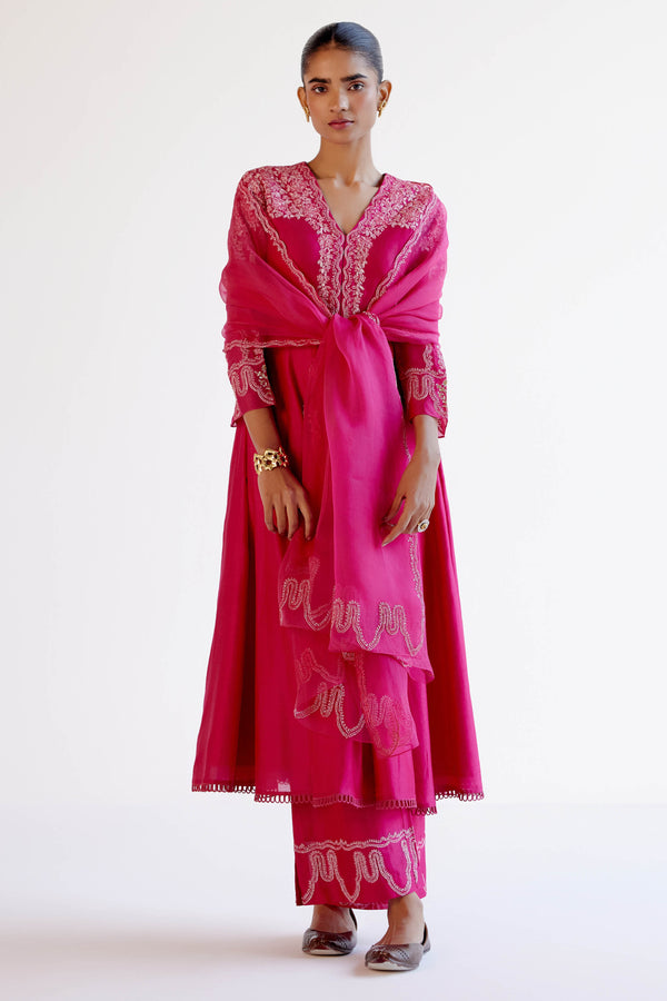 Fuchsia Pink Silk Chanderi Dori Embroidered Anarkali Set