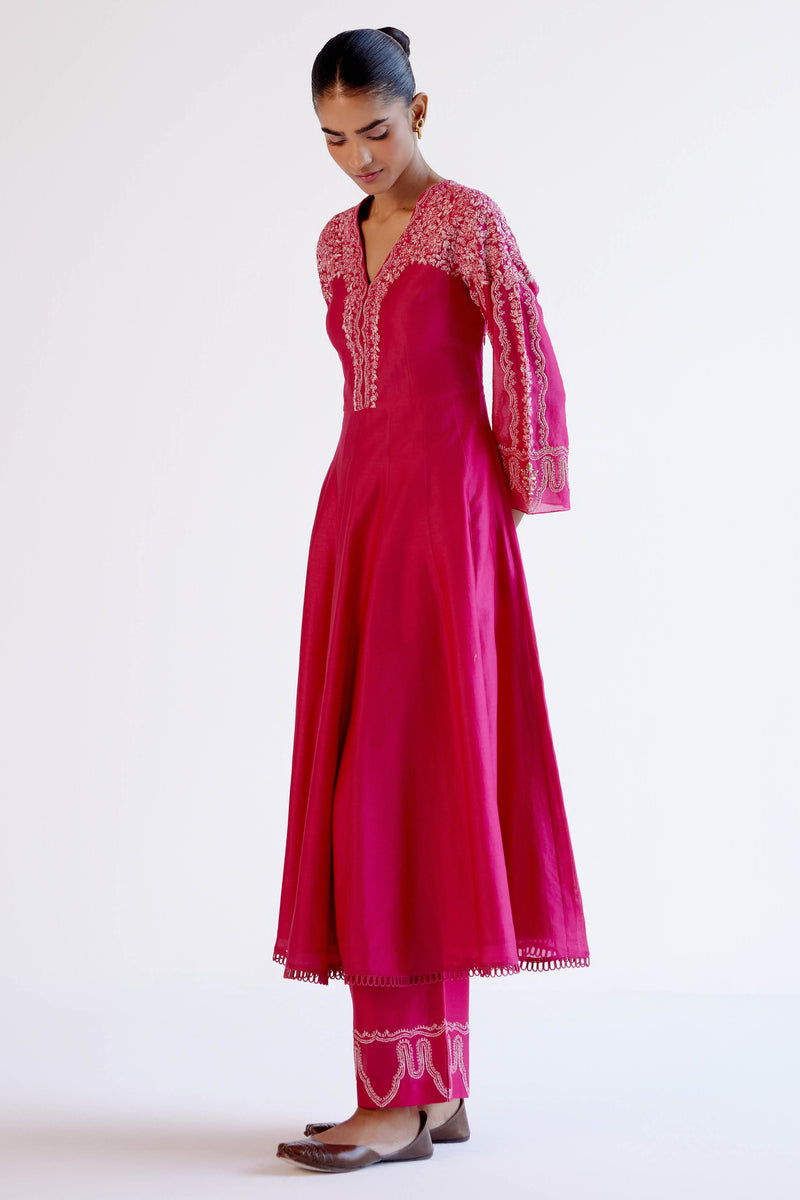 Fuchsia Pink Silk Chanderi Dori Embroidered Anarkali Set
