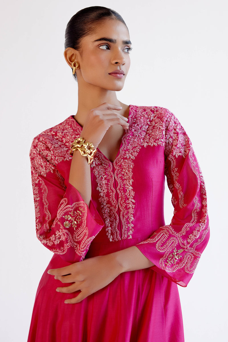 Fuchsia Pink Silk Chanderi Dori Embroidered Anarkali Set