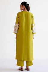Lime Green Silk Chanderi Hand-Painted Kurta Set