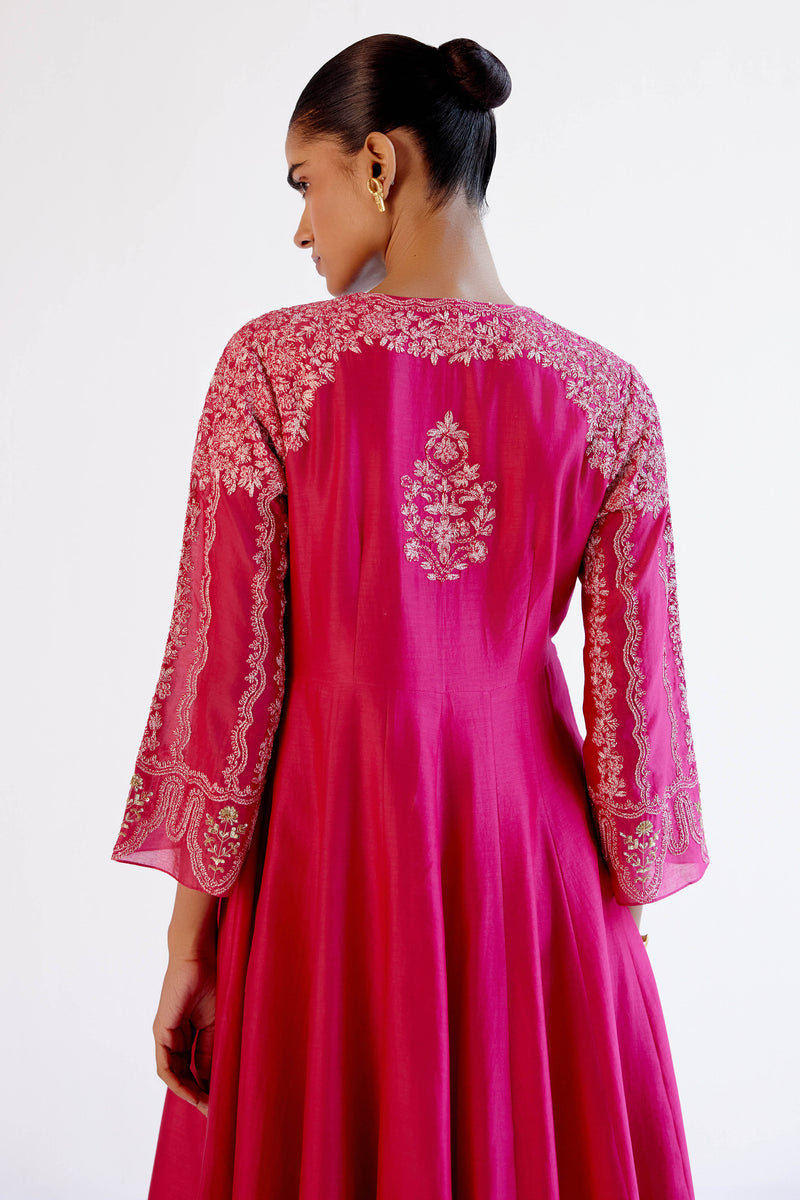Fuchsia Pink Silk Chanderi Dori Embroidered Anarkali Set