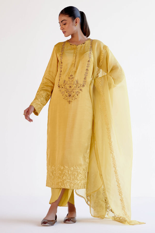 Yellow Dori and Sequins Embroidered Kurta and Dhoti Set