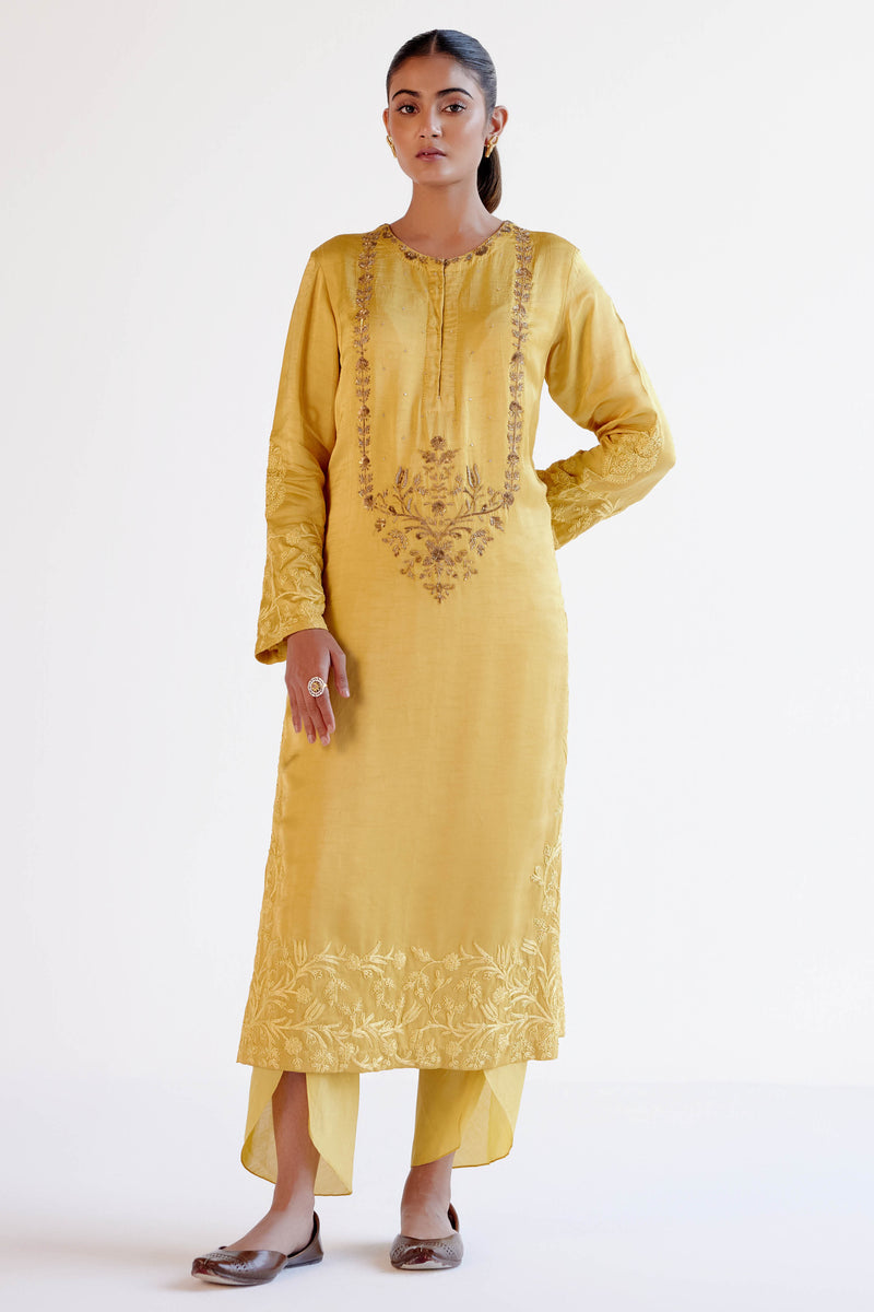 Yellow Dori and Sequins Embroidered Kurta and Dhoti Set