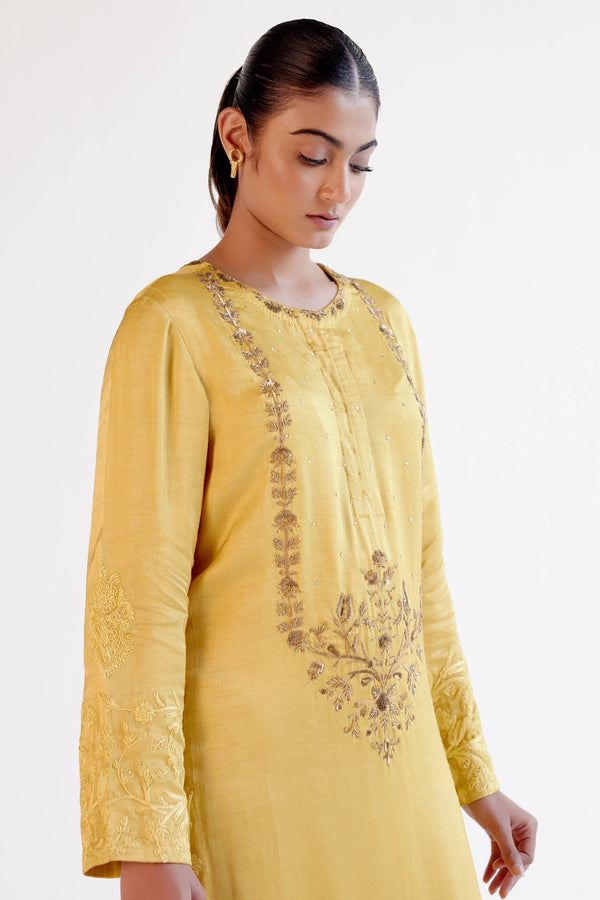 Yellow Dori and Sequins Embroidered Kurta and Dhoti Set