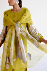 Lime Green Silk Chanderi Hand-Painted Kurta Set