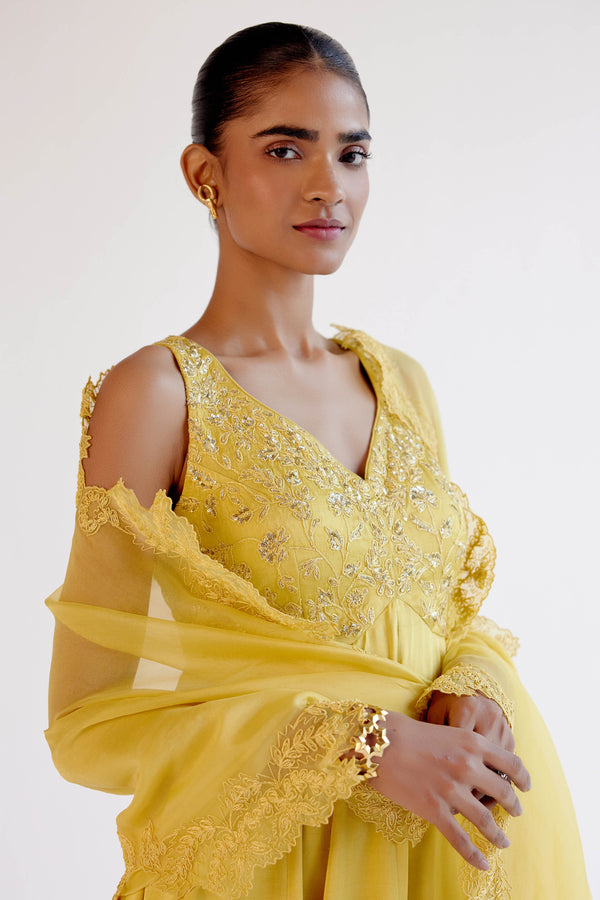 Yellow Dori and Sequins Embroidered Anarkali Set