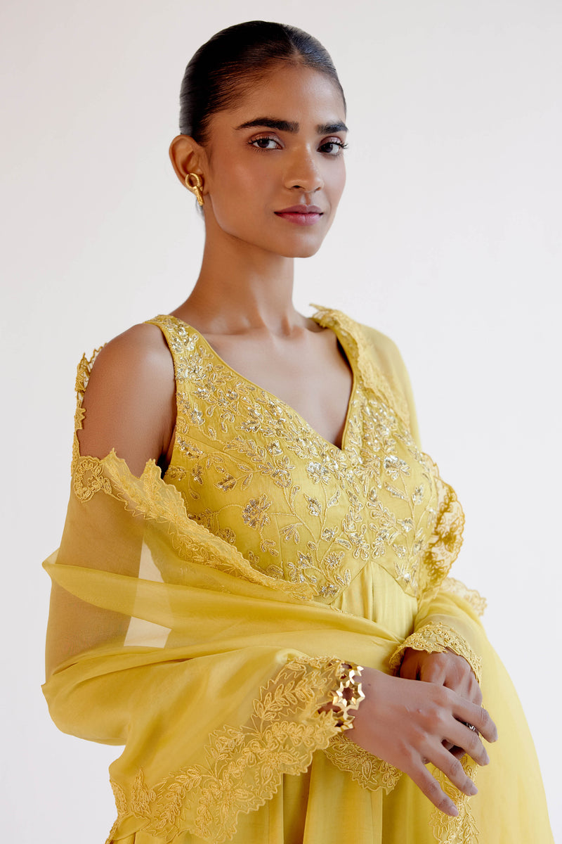 Yellow Dori and Sequins Embroidered Anarkali Set