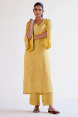 Yellow Satin Dori Embroidered Kurta Set