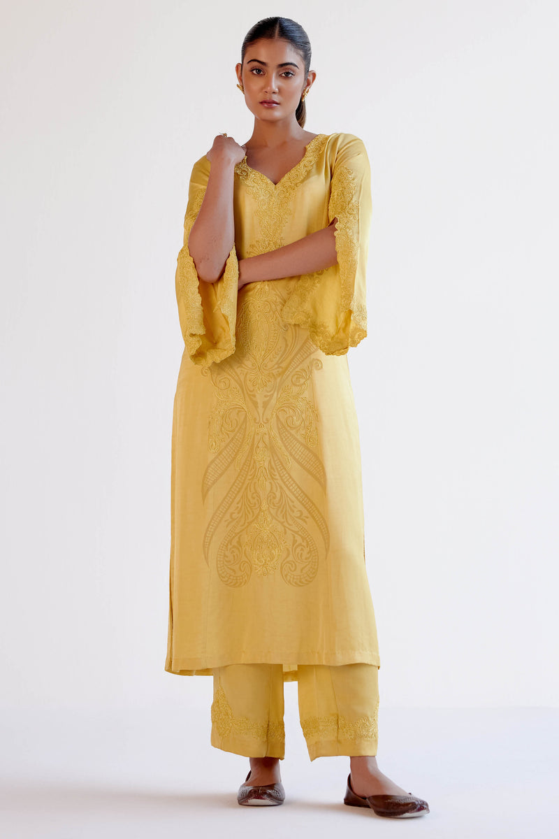 Yellow Satin Dori Embroidered Kurta Set