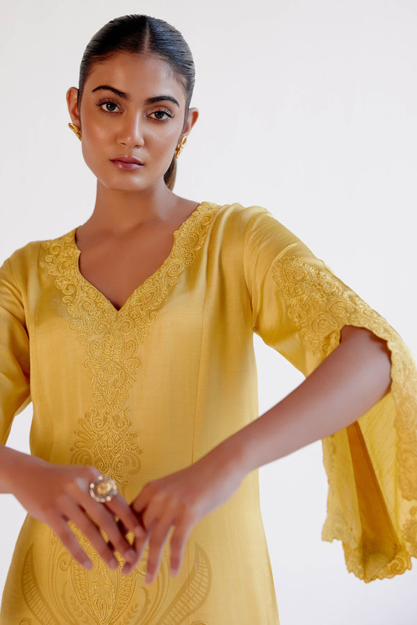 Yellow Satin Dori Embroidered Kurta Set