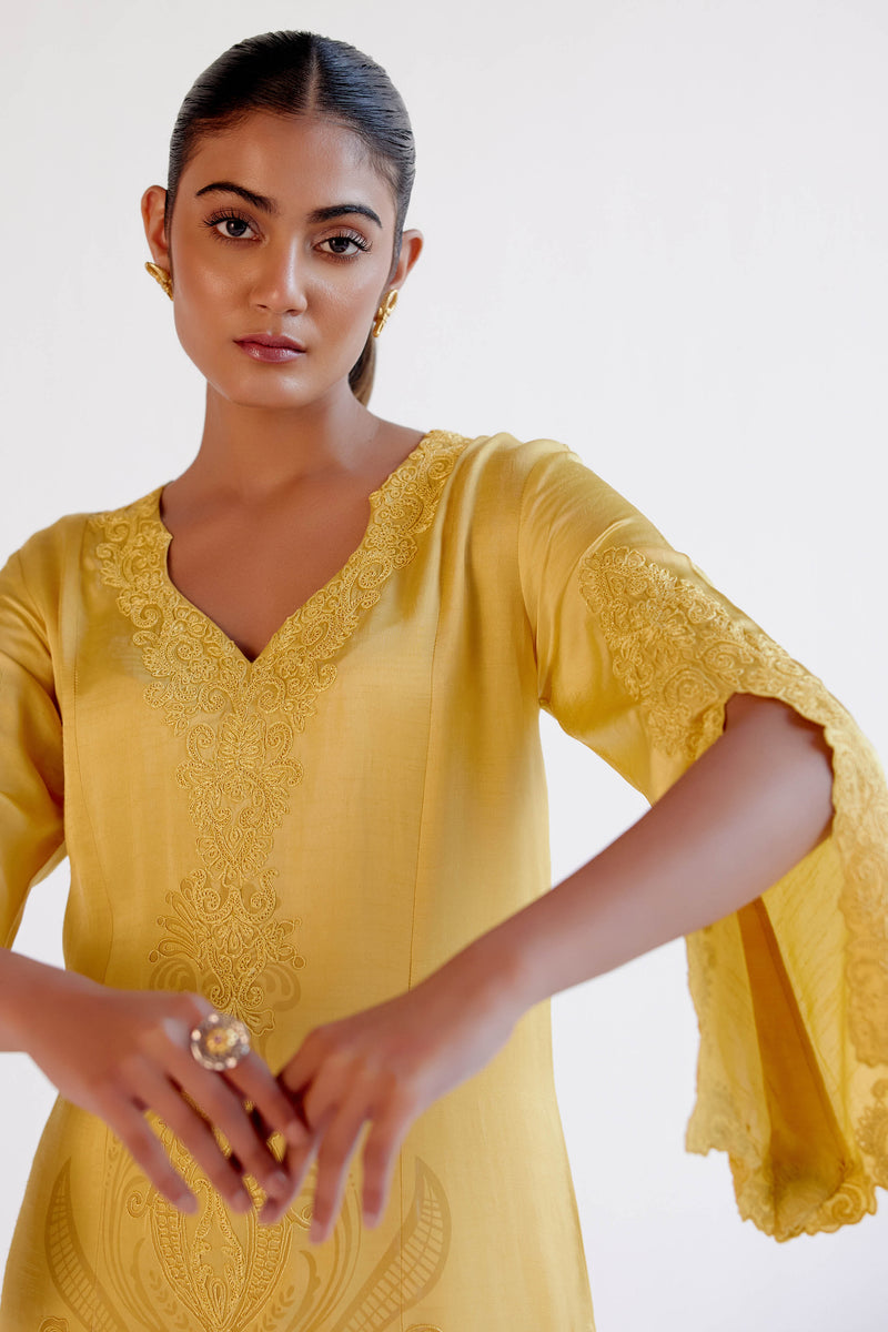 Yellow Satin Dori Embroidered Kurta Set
