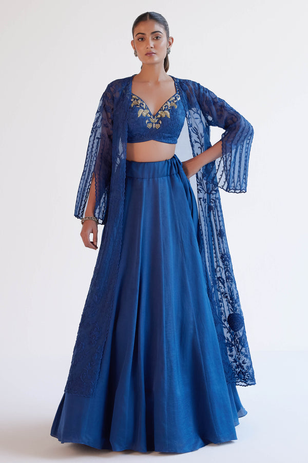Sapphire Blue Satin Lehenga and Embroidered Jacket Set